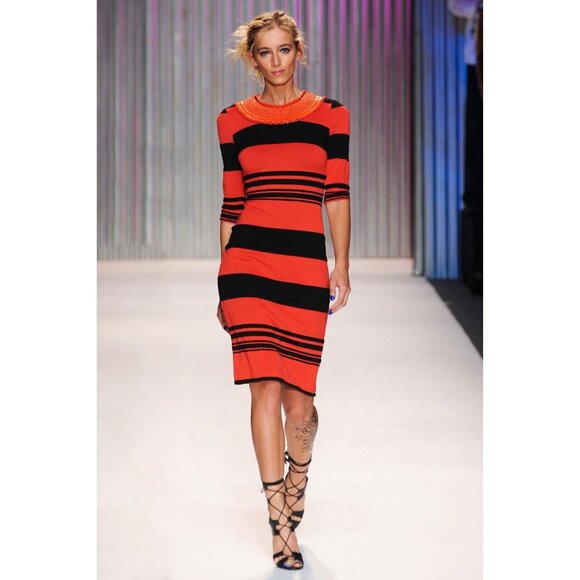 Tracy Reese Red Black Striped Runway Knit Dress With Beaded Neckline Detailed - Picture 1 of 15